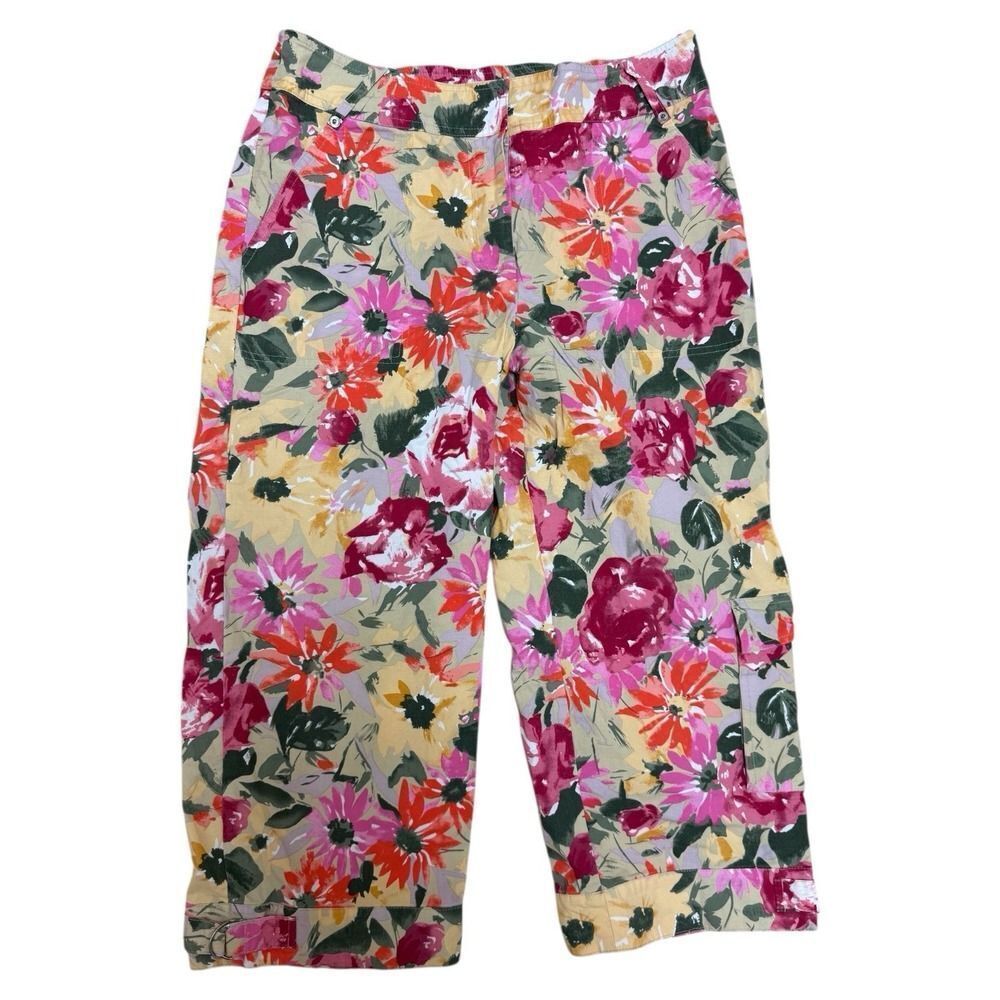 Floral Capri Pants Coldwater Creek Beige Pink Rose Flower Stretch. Sz 10